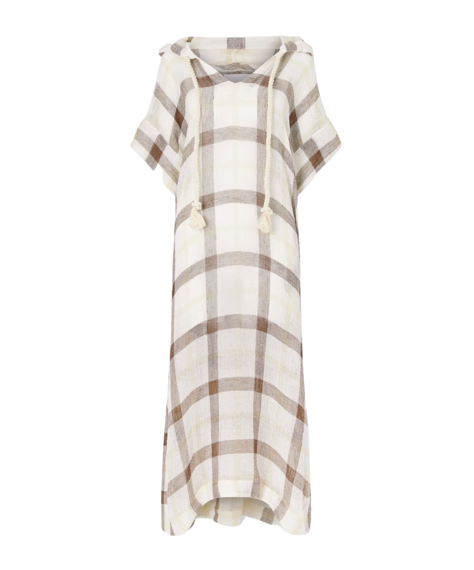 Lisa Marie Fernandez Hooded Checked Linen-blend Crepon Kaftan In Neutral