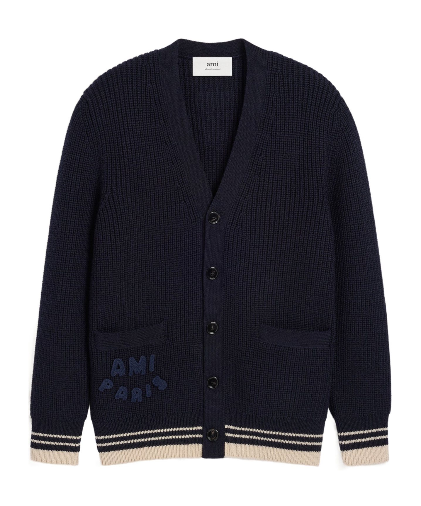 Ami Alexandre Mattiussi Ami Logo Detailed Long Sleeved Knitted Cardigan In Black