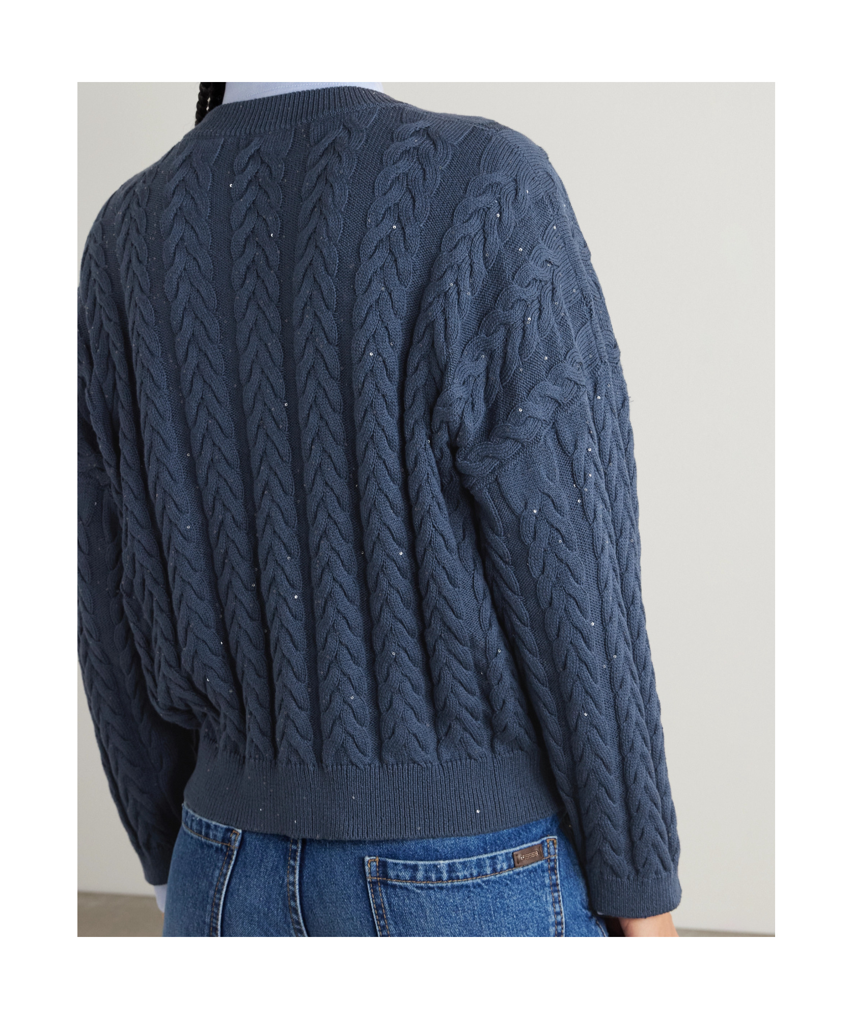 Brunello Cucinelli Cotton Double Cable-knit V-neck Sweater With Micro Pailettes In Blue