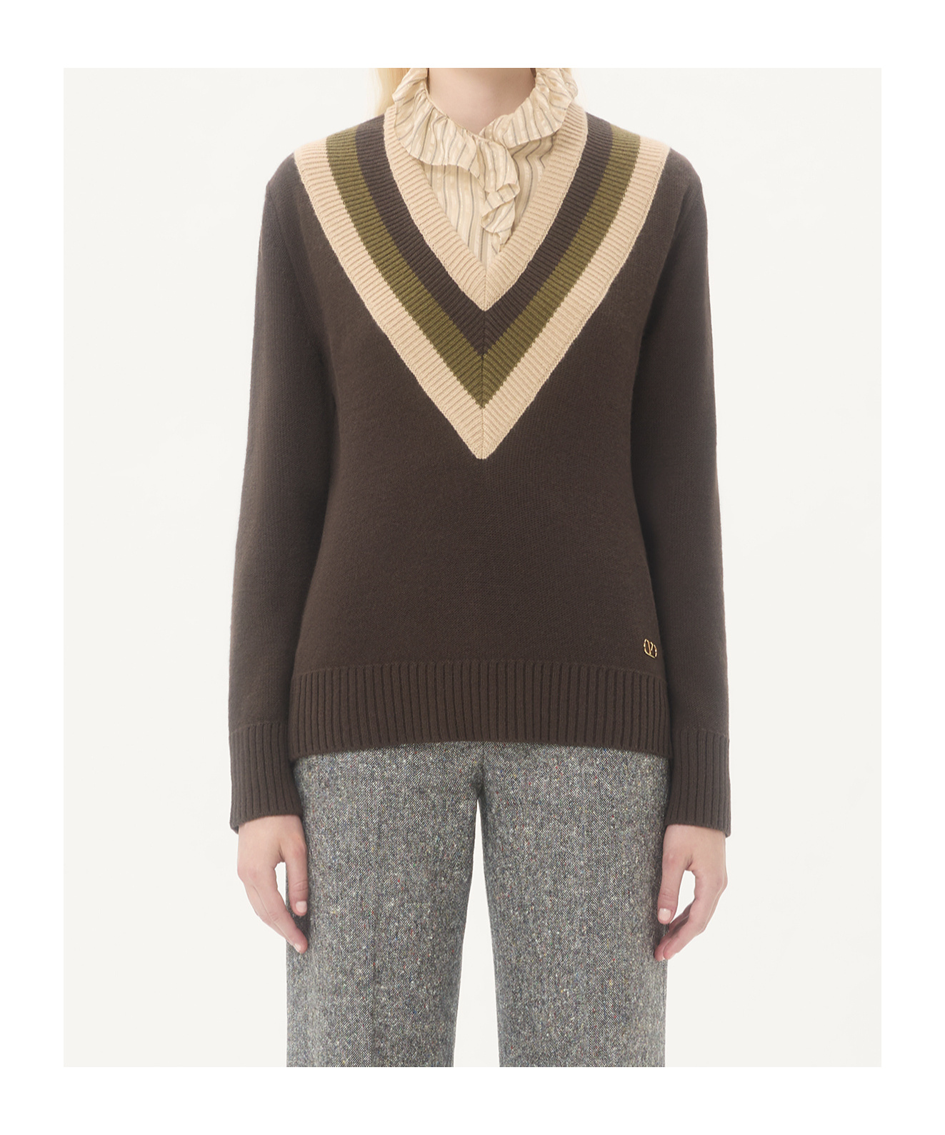 Valentino Virgin Wool Contrast V-neck Sweater In Brown