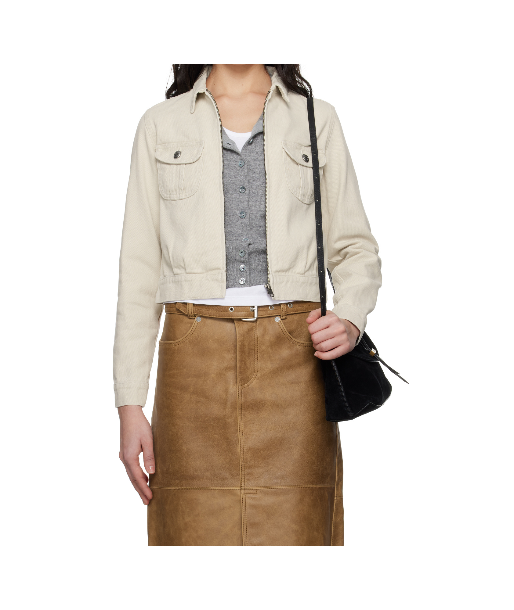 R13 Off-white Cropped Rider Denim Jacket In Brown