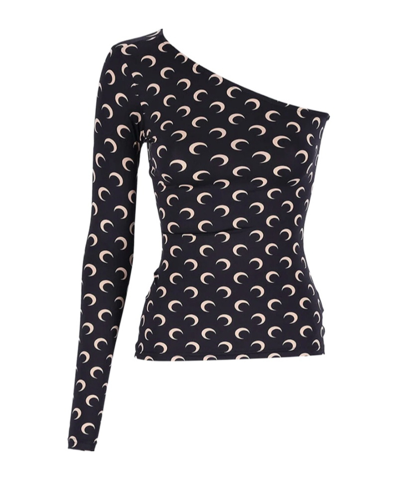 Marine Serre Black Moon Print Jersey Asymmetric Top In Black