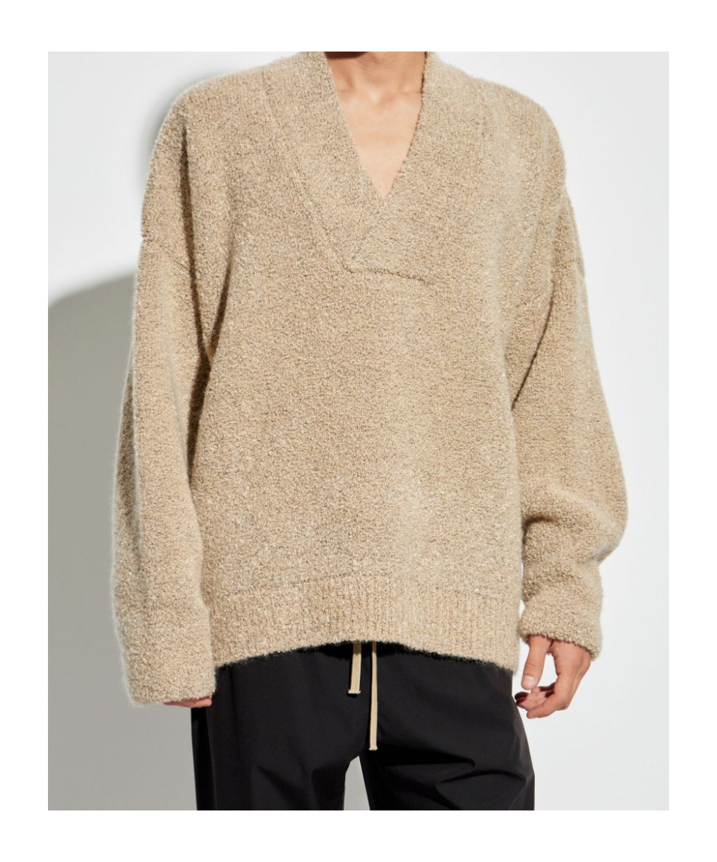 Fear Of God Textured V-neck Sweater With Ribbed Accents In Neutral