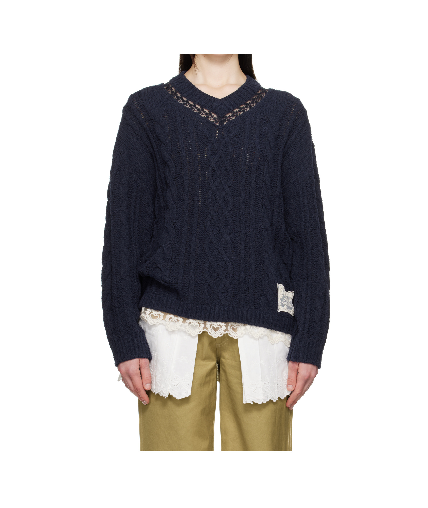 Shop Andersson Bell Lace Chunky V-neck Knit Sweater In Navy Blue