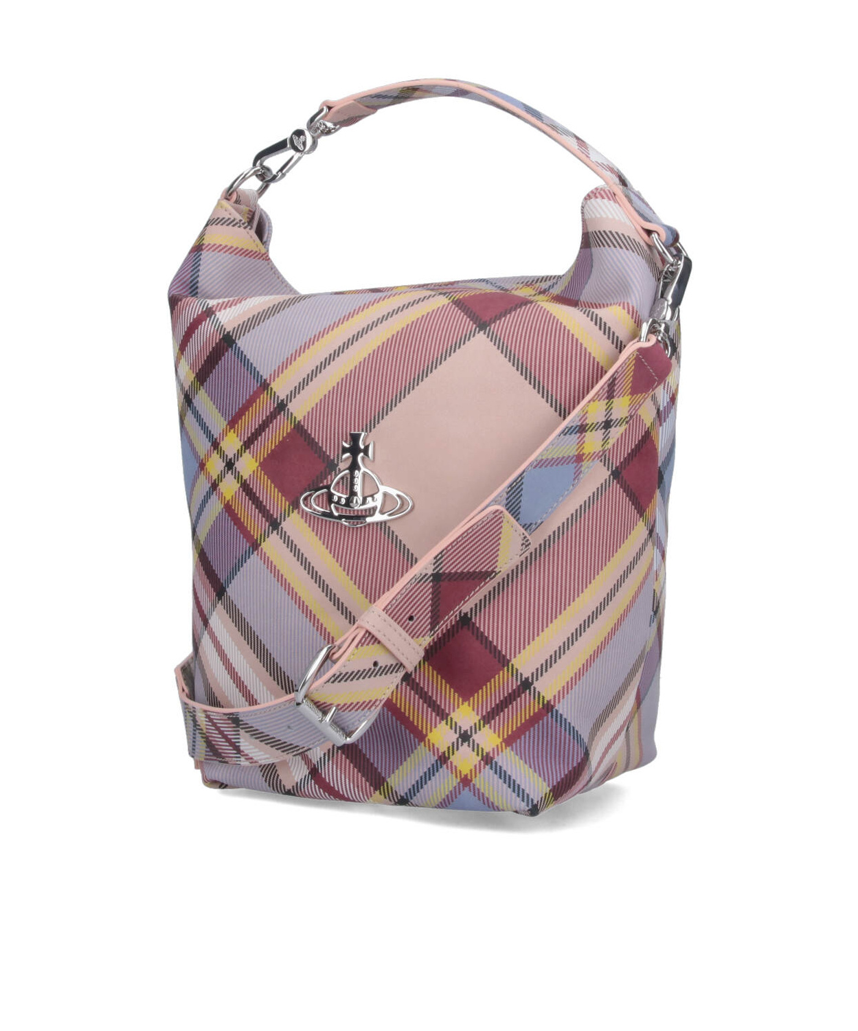 Vivienne Westwood Logo Plaque Checked Bucket Bag In Nude