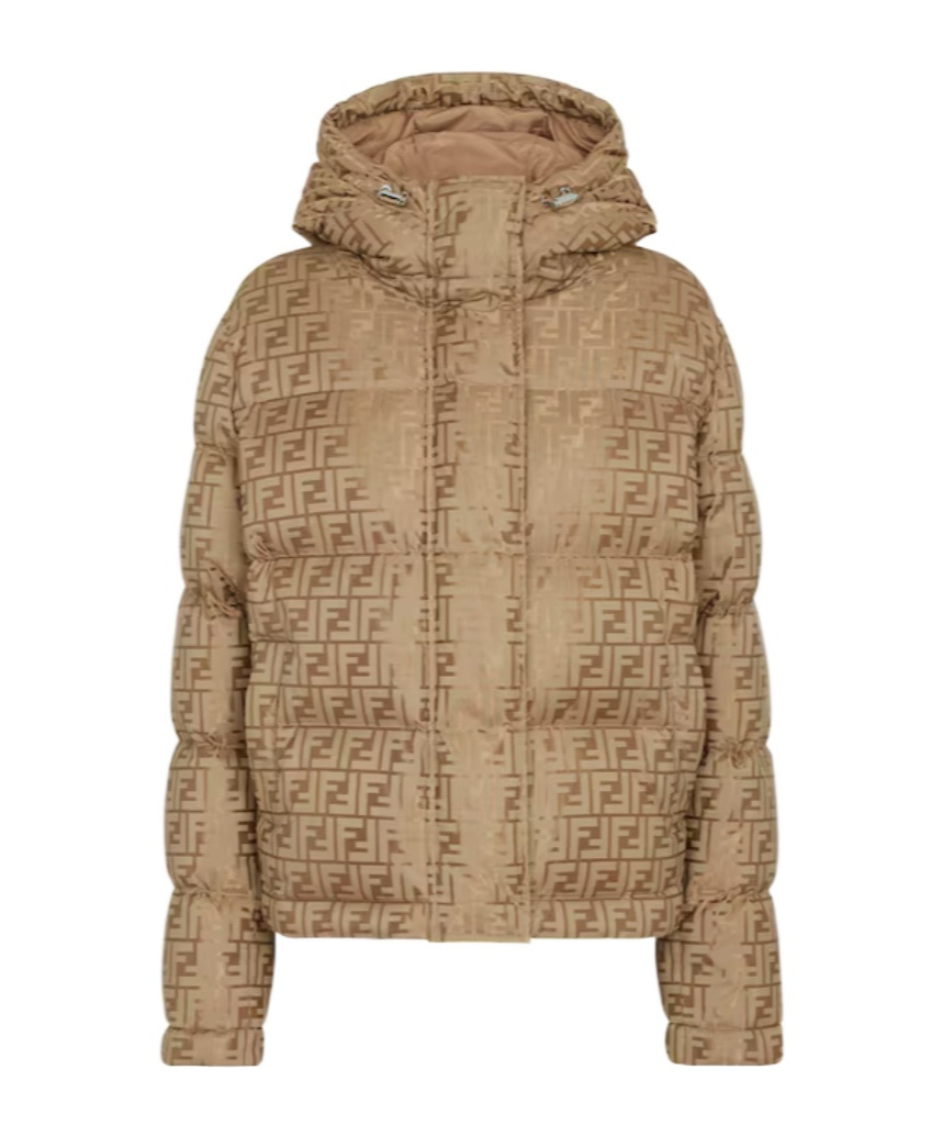 Fendi Women Beige Down Jacket With Hood And Ff Logo All-over In Cotton Blend Woman In Brown