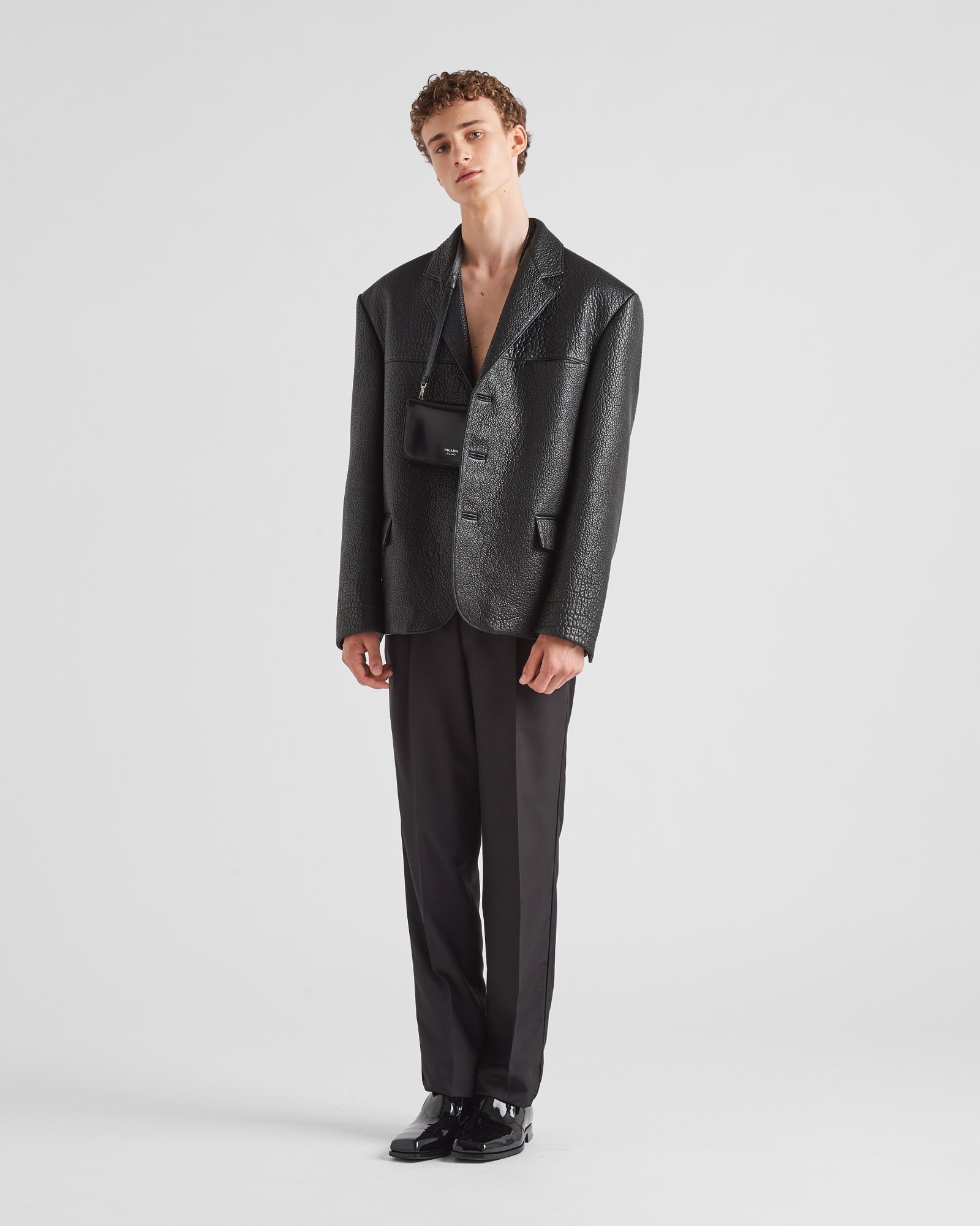 Prada Single-breasted Leather Jacket Men In Black