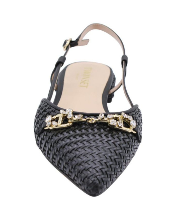 Twinset Raffia Sandal With Jeweled Clamp In Black