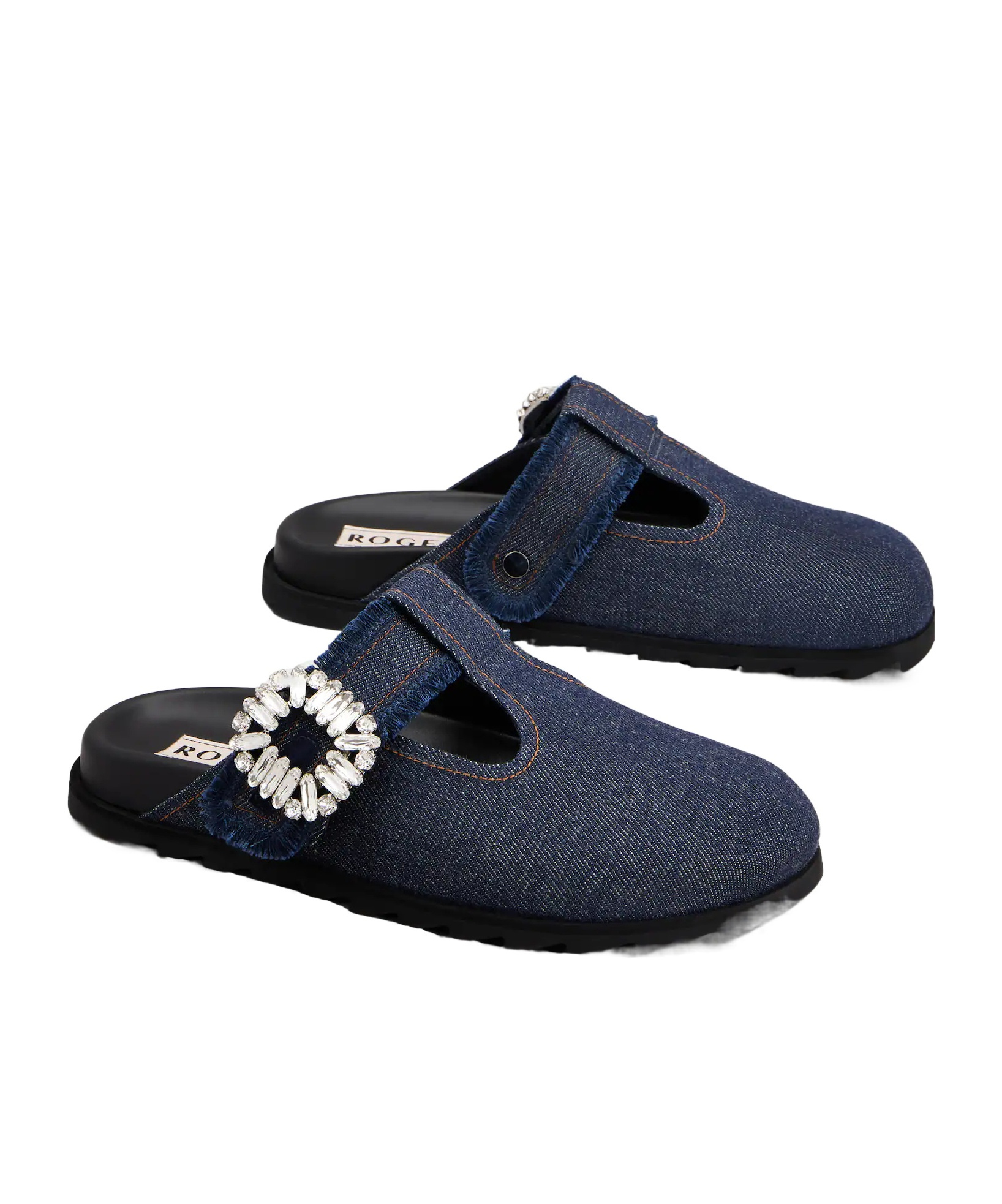 Roger Vivier Slidy Viv Embellished Denim Mules In Blue