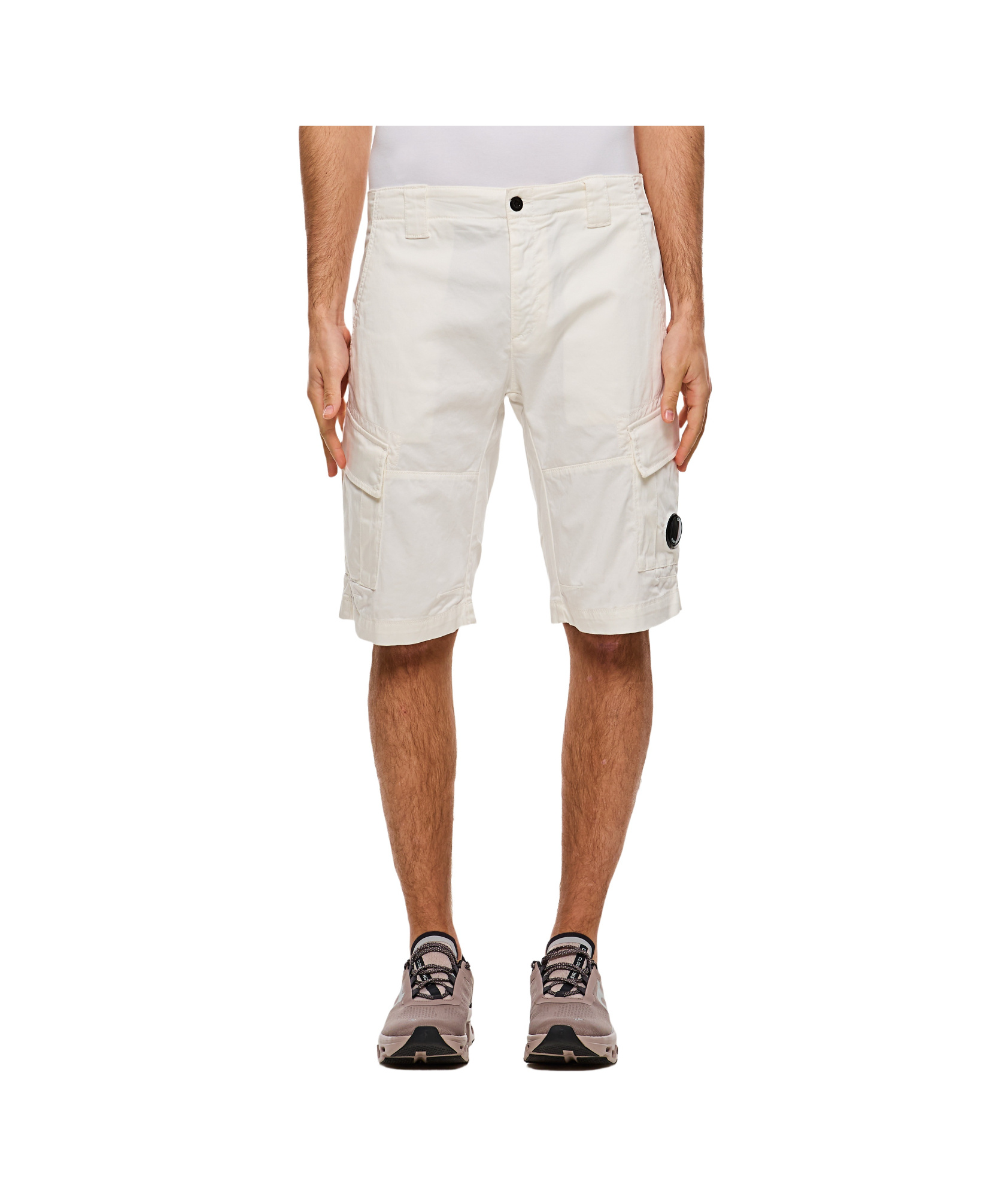 C.p. Company Cargo Shorts In Lightweight Brushed Cotton Fleece In White