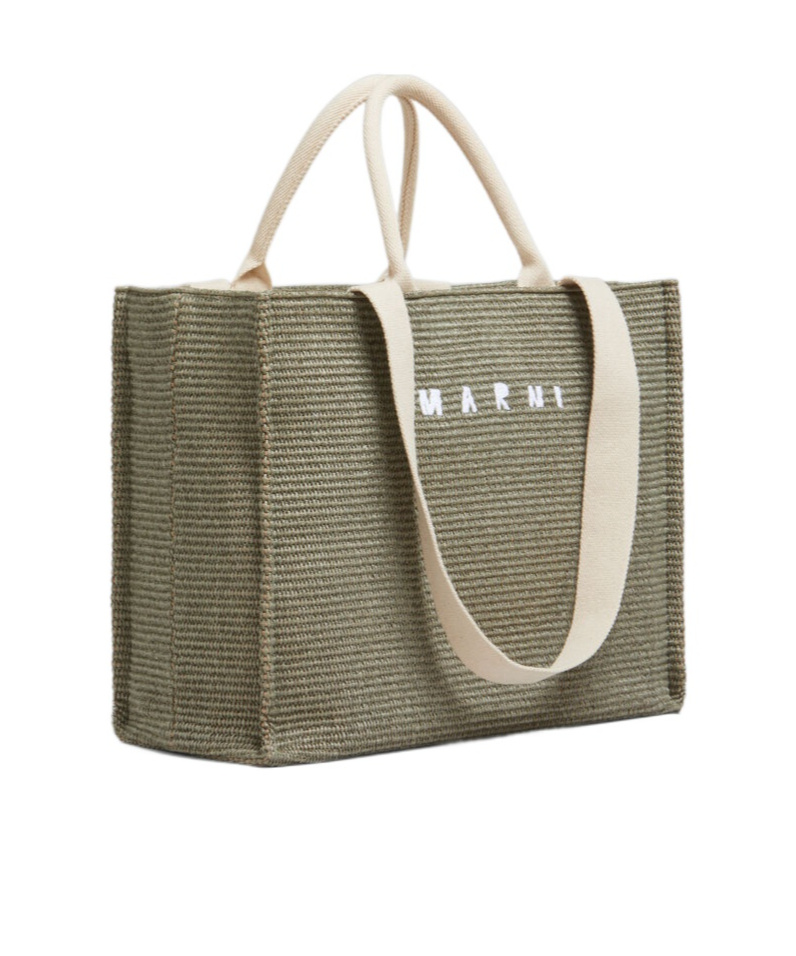 Marni Shopping L Khaki Beige Handles White Logo In Green