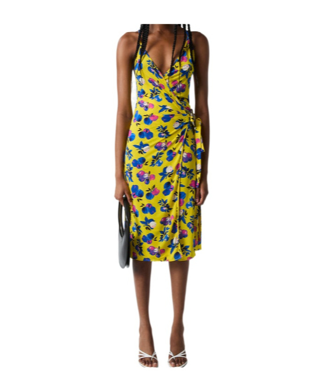 Coperni Floral Print Wrap Dress With Tie Waist In Printed Yellow Apple
