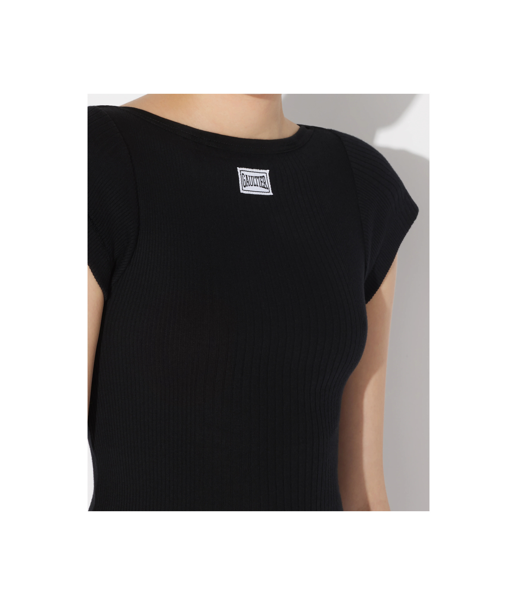 Jean Paul Gaultier Black Cropped Cotton Ribbed T-shirt With Logo In Black