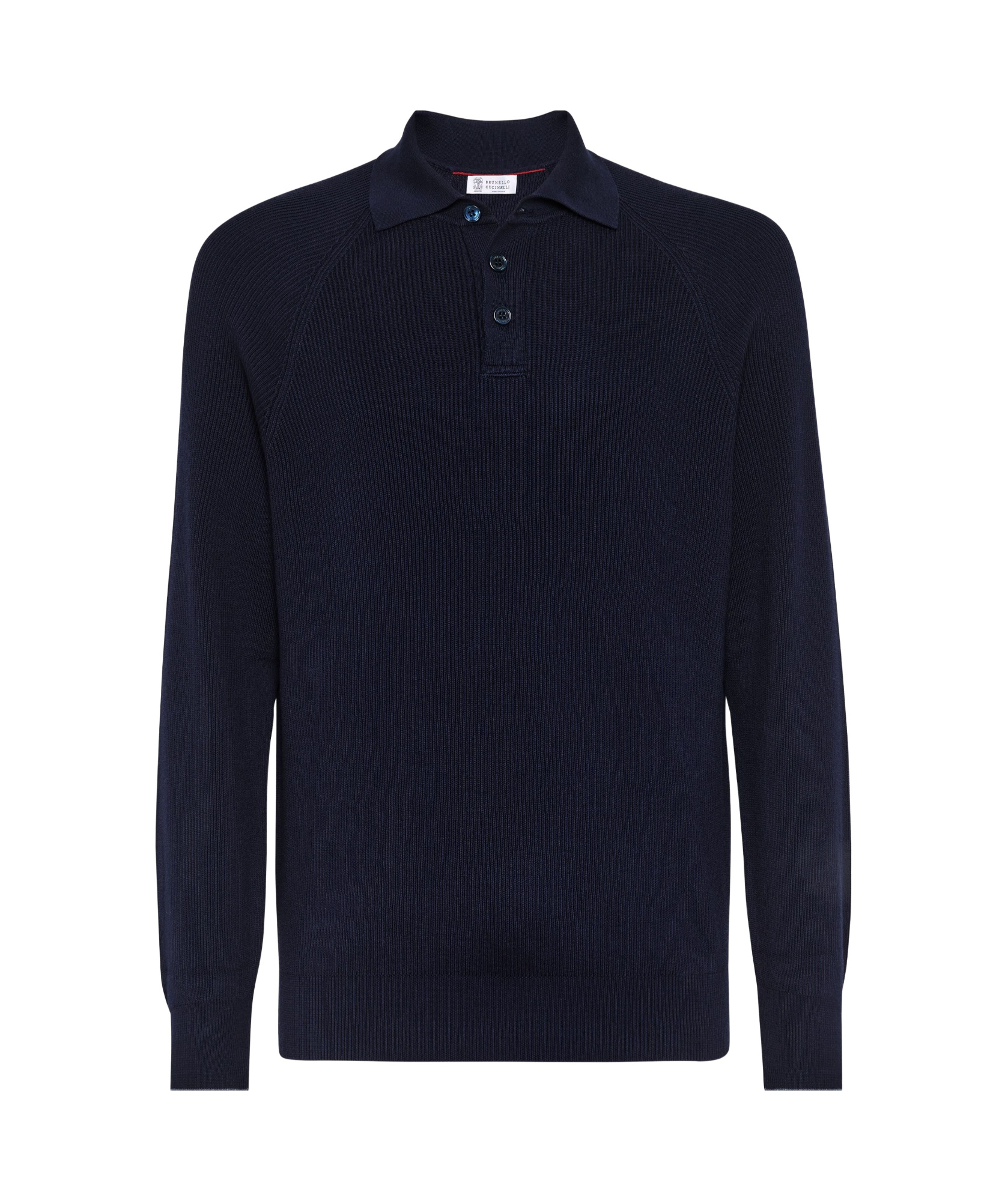 Brunello Cucinelli Ribbed Blue Polo Shirt In Cotton Long-sleeves In Black