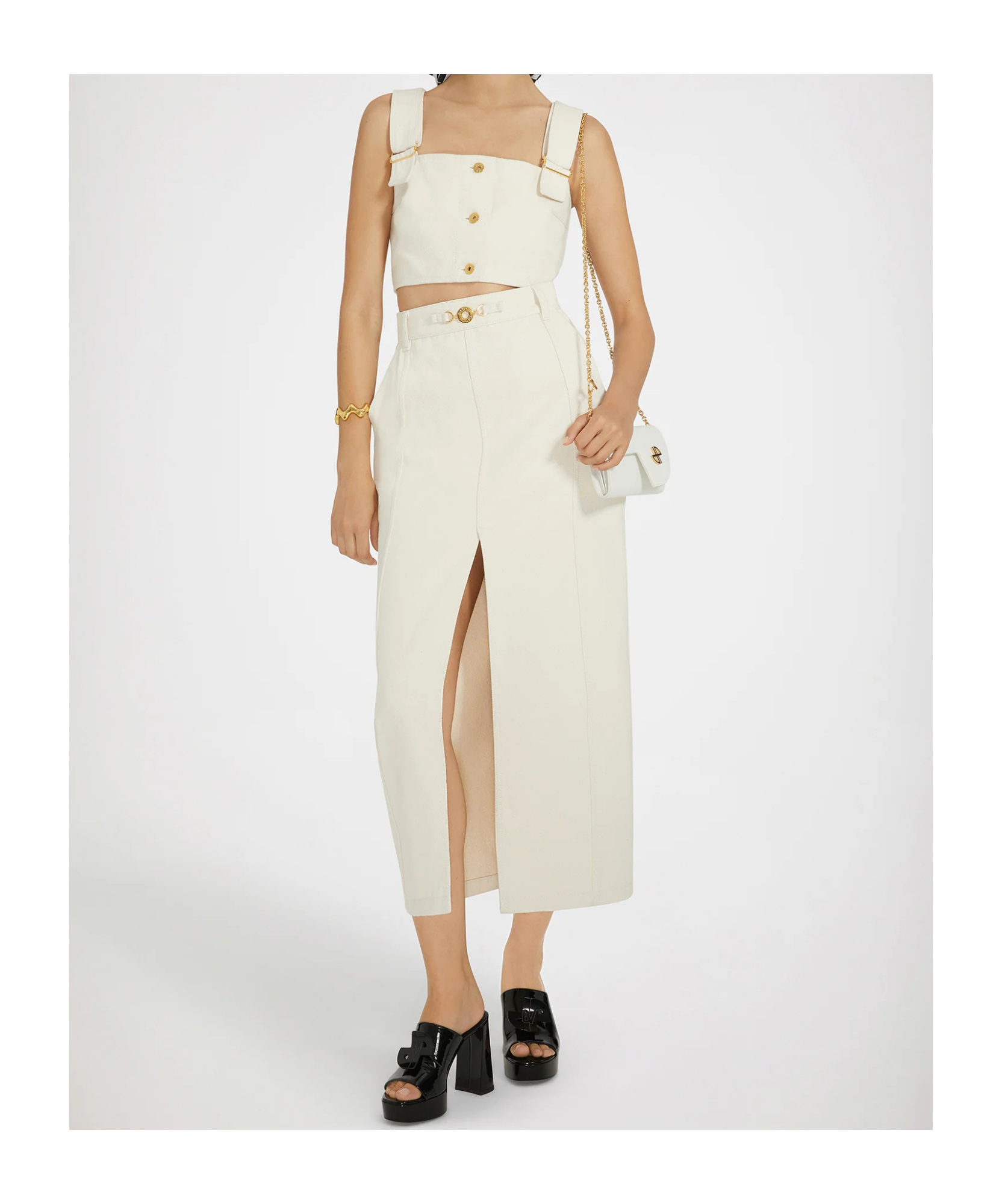 Patou High Waist Denim Skirt With Slits In White