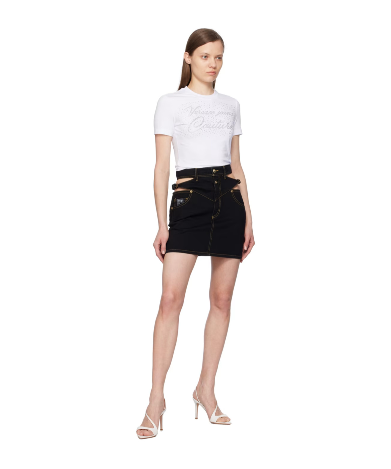 Shop Versace Jeans Hollow Denim Skirt In Black