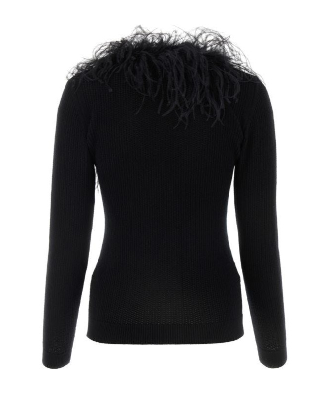 ALESSANDRA RICH FEATHER-TRIM DETAIL KNITTED CARDIGAN