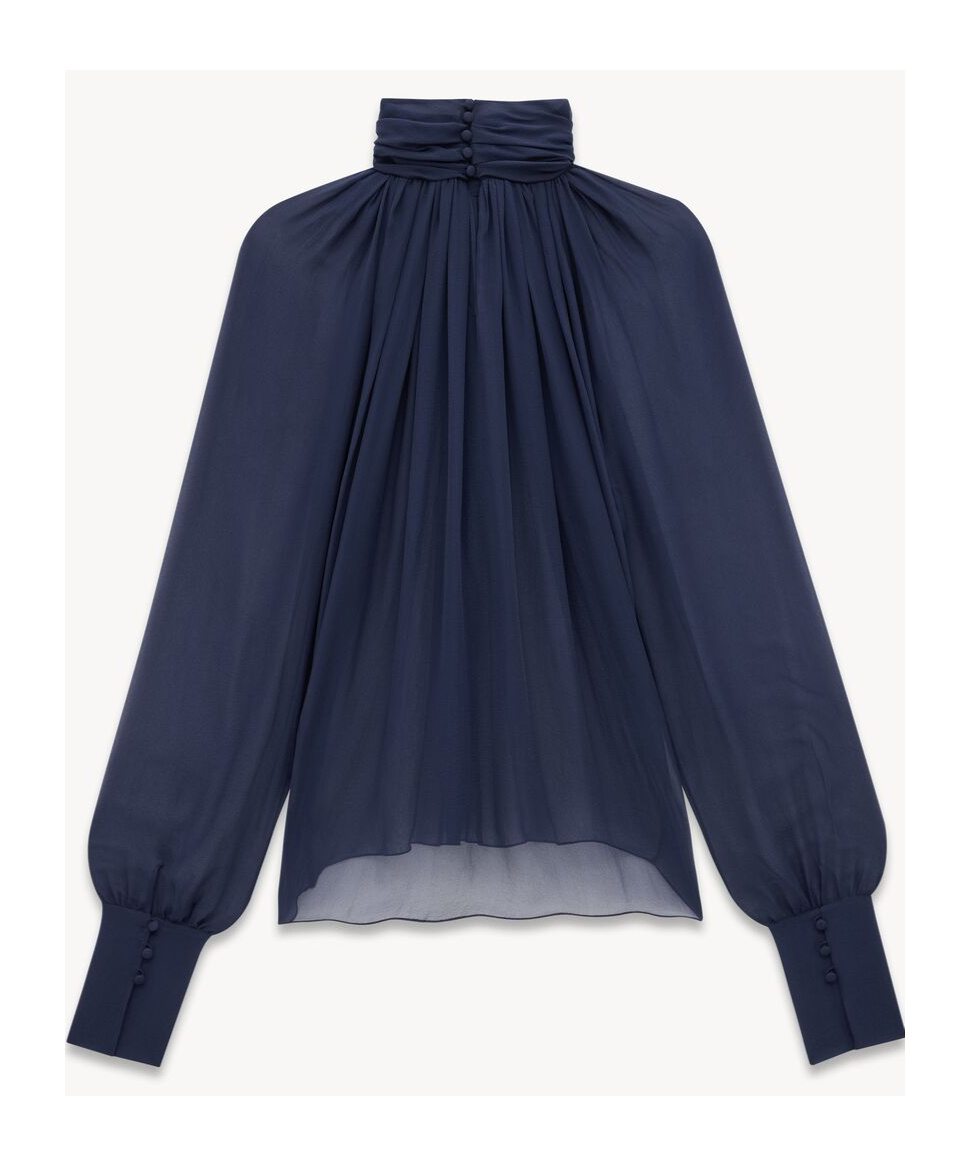 Saint Laurent Turtleneck Blouse In Silk Muslin In Blue