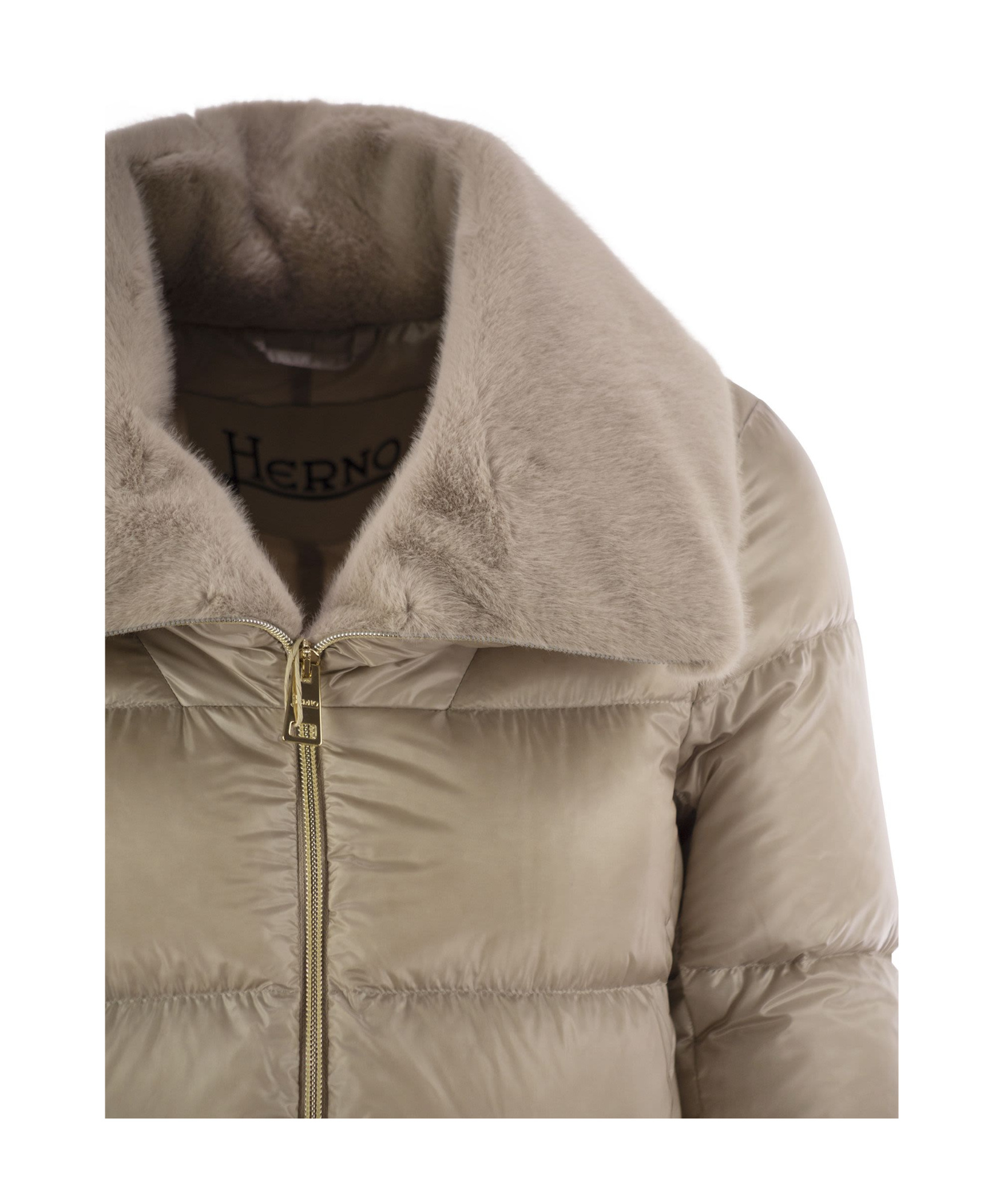 Herno Down Jacket With Cruelty Free Fur Details In Nude