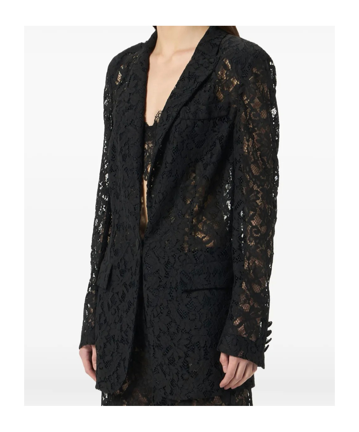 Blumarine Single-breasted Floral Lace Tailored Blazer In Black