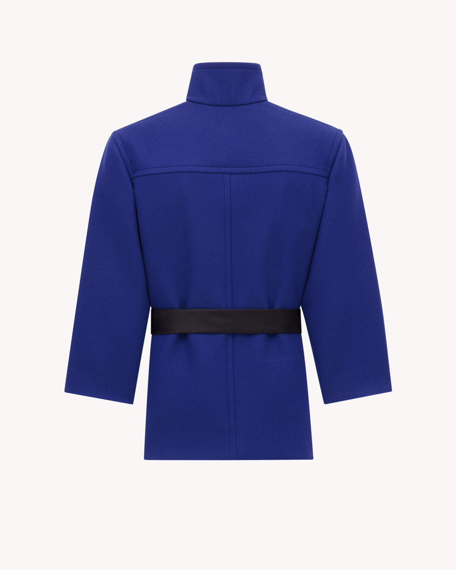 Saint Laurent Belted Silk-trimmed Wool Jacket In Blue