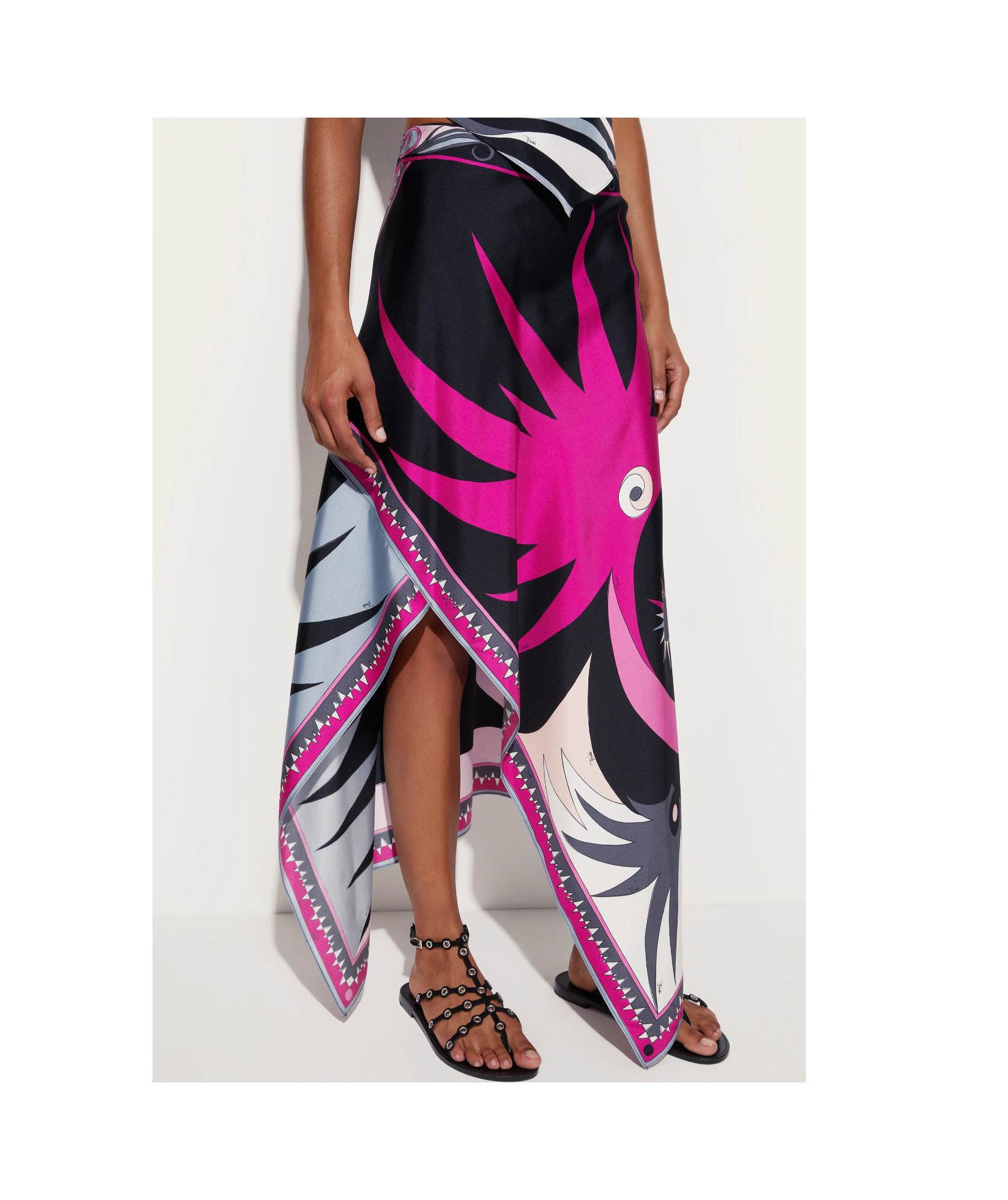 Emilio Pucci Stella Print Asymmetrical Midi Skirt In Black And Fuchsia