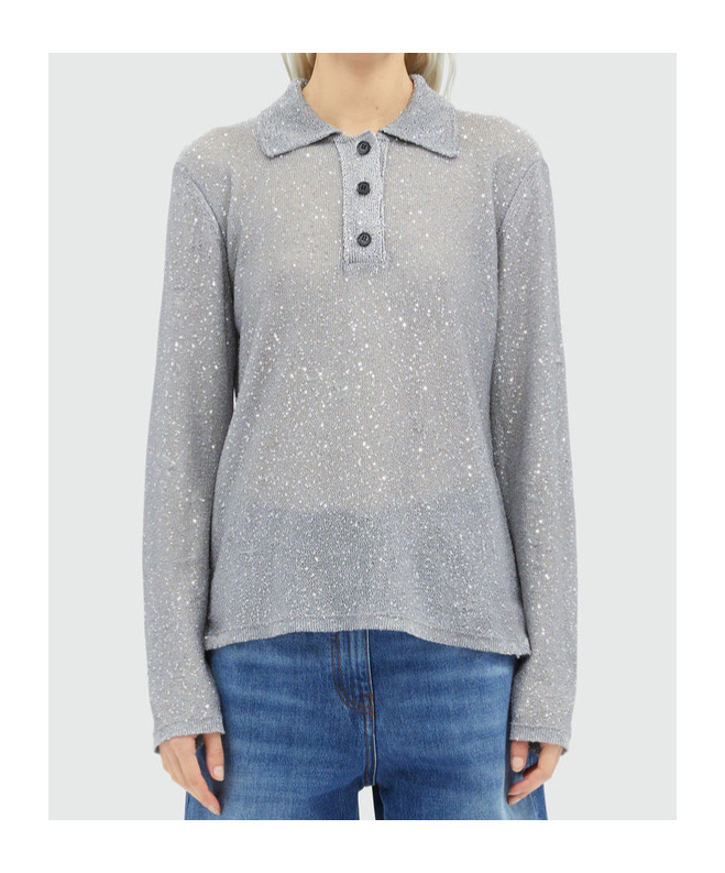 Msgm Embellished Knit Polo In Gray