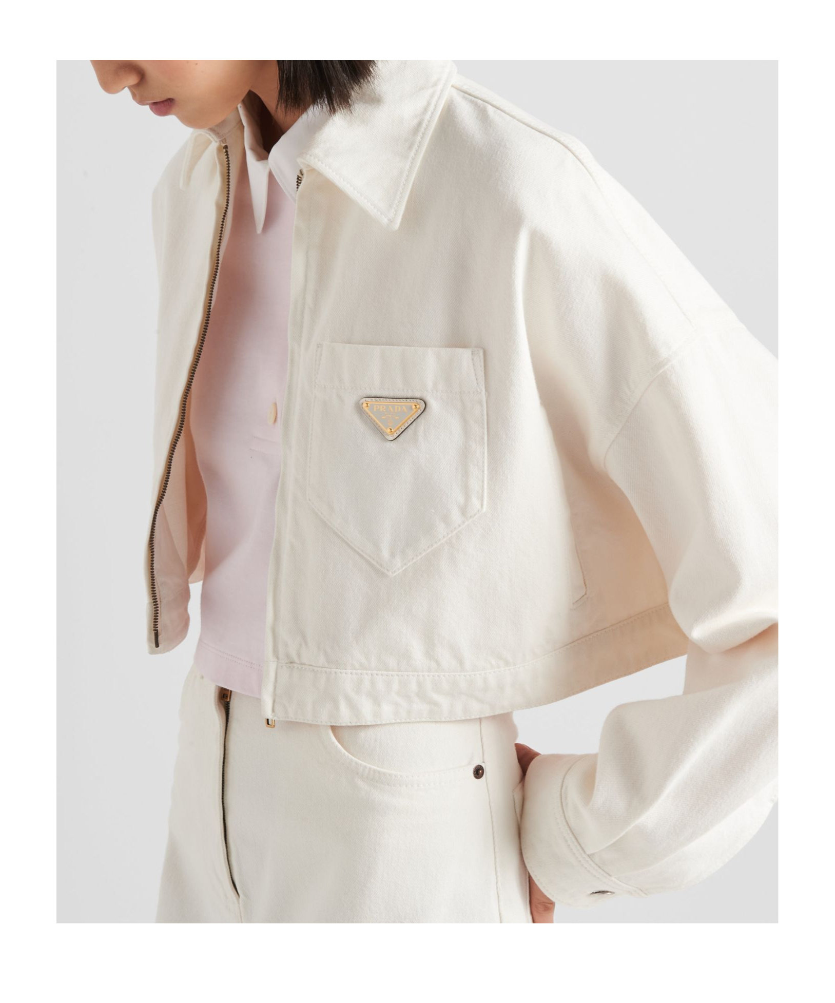 Prada Jacket Denim Chest Pocket Collared Cropped In White