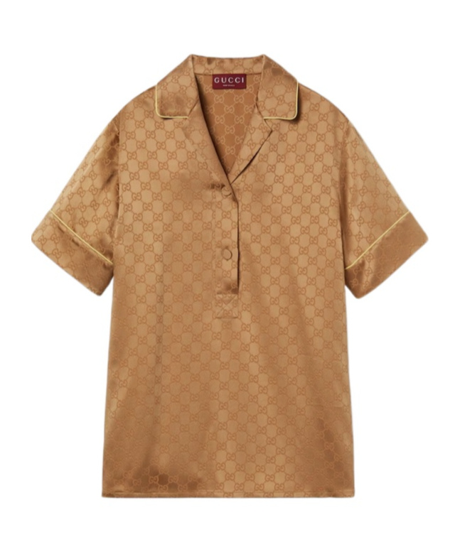 Gucci Monogram Satin Shirt Contrast Piping In Brown