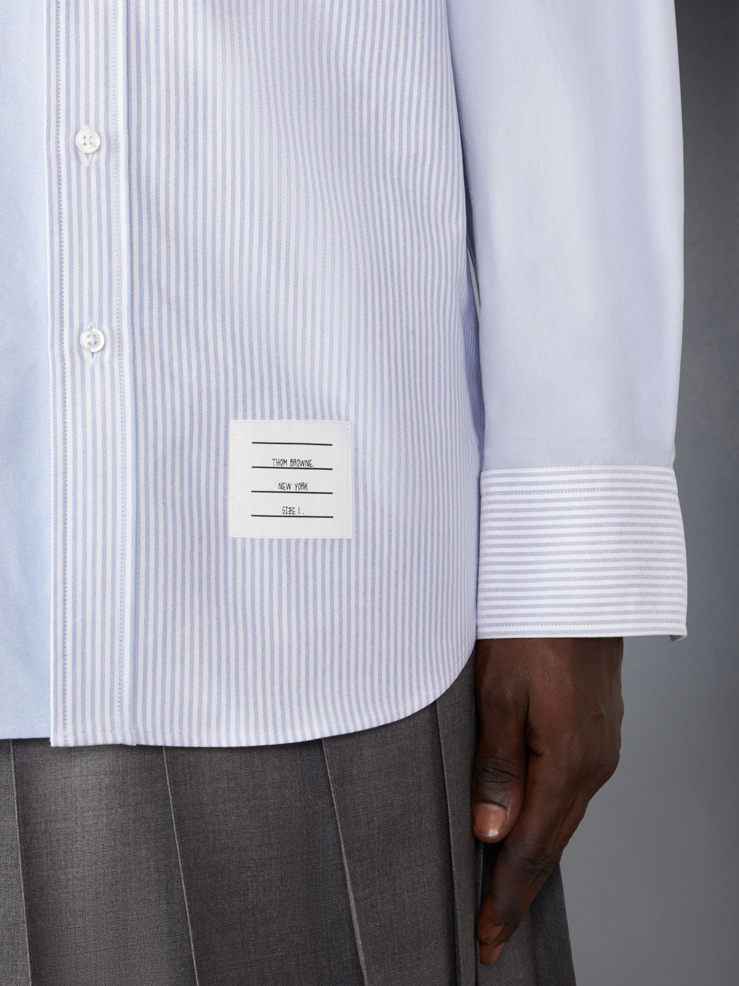 THOM BROWNE STRIPED PATCHWORK COTTON SHIRT