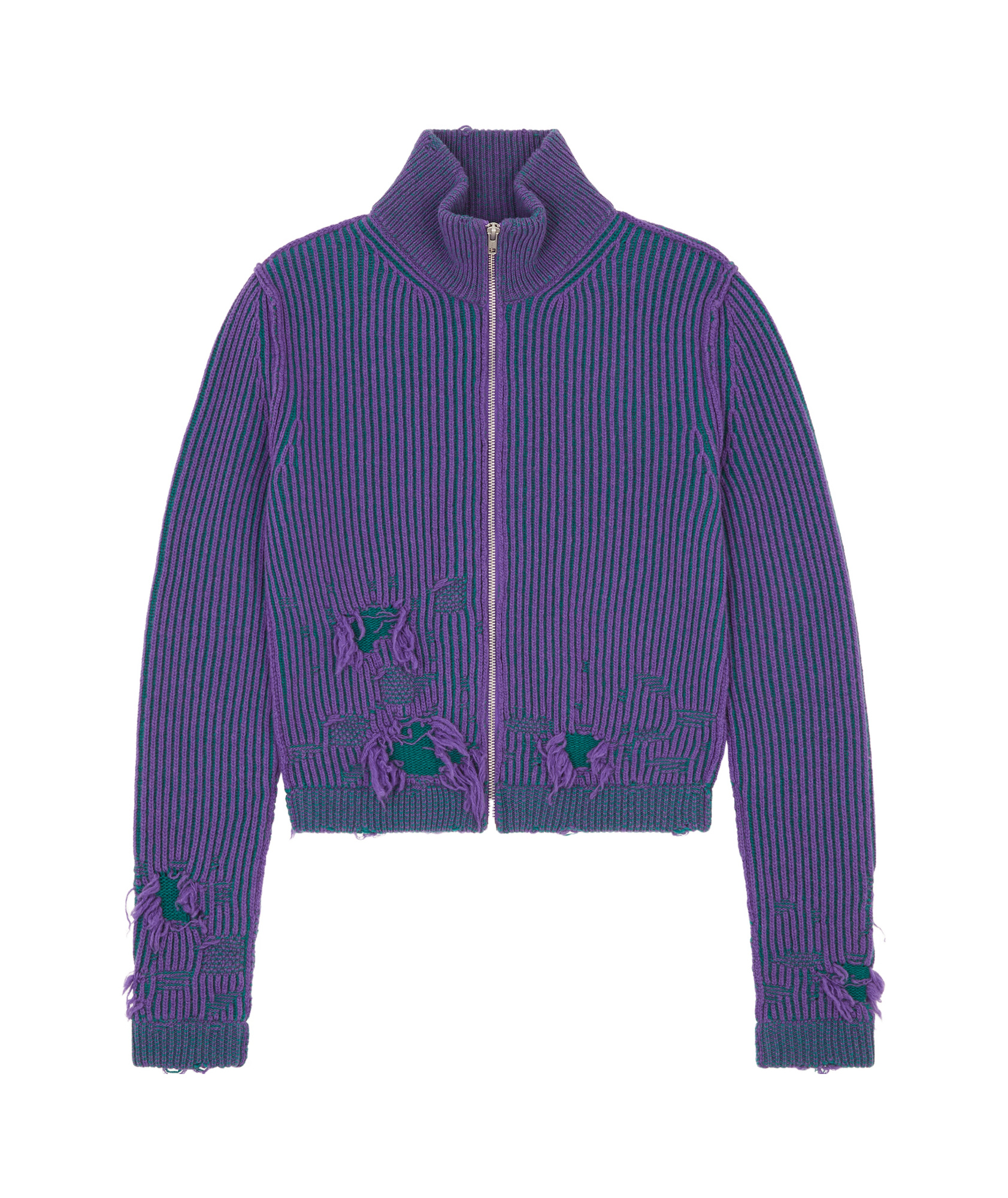 Mm6 Maison Margiela Distressed Rib-knit Zip-front Cardigan In Blue