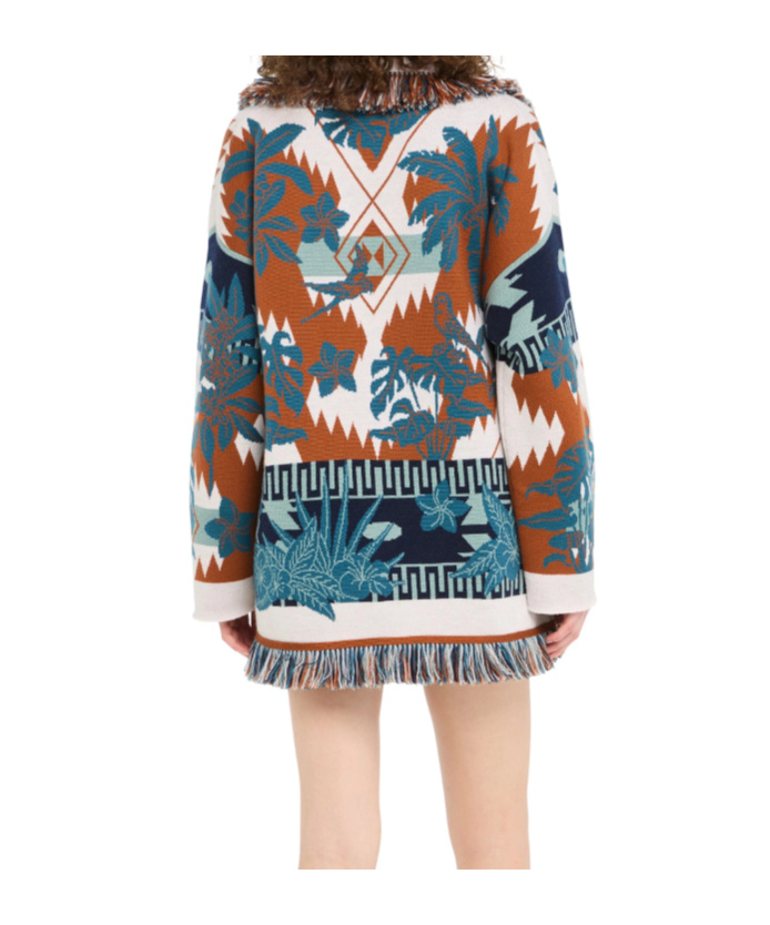 Alanui Long Floral Cardigan With Fringe Shawl Collar In Brown