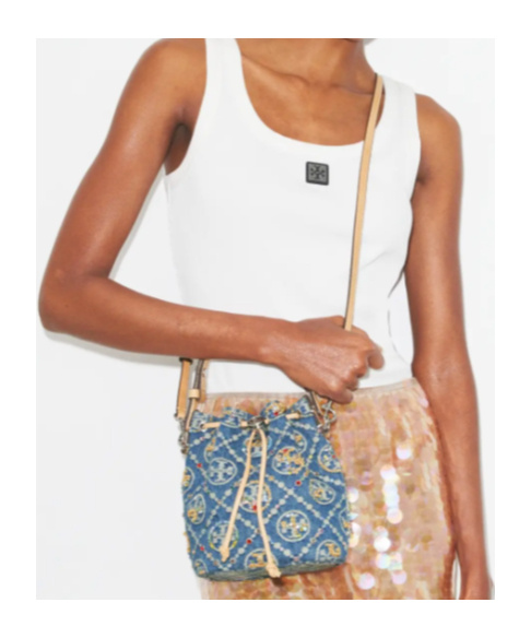 Tory Burch T Monogram Mini Denim Bucket Bag In Gray