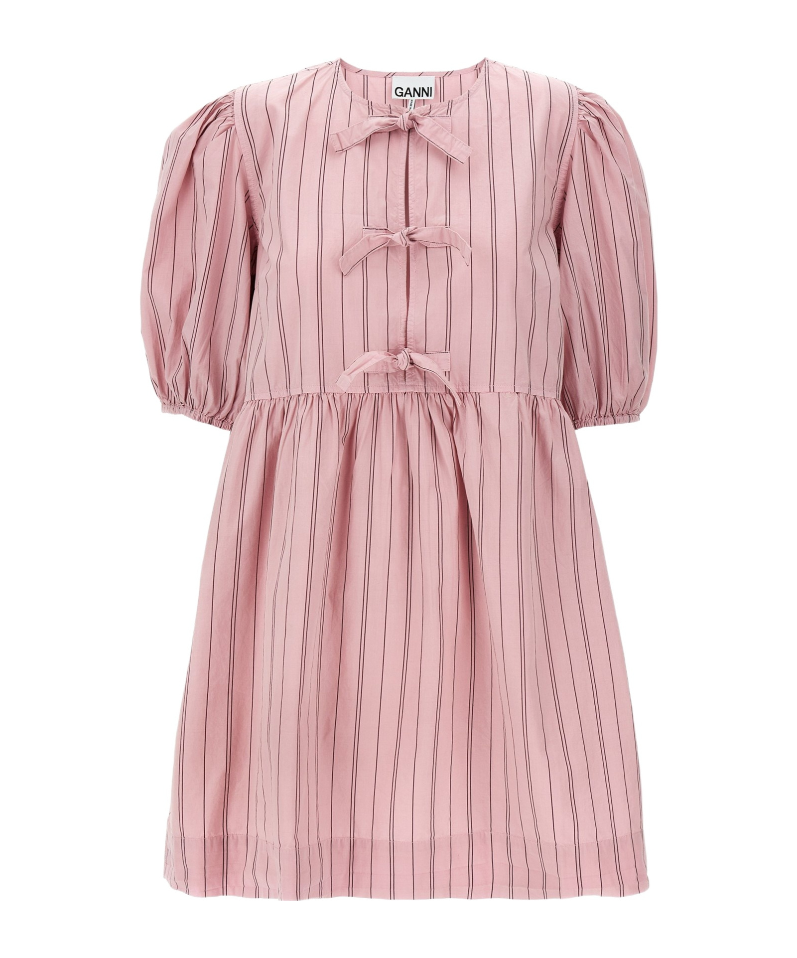 Ganni Striped Puff Sleeve Dress With Bow In Pink