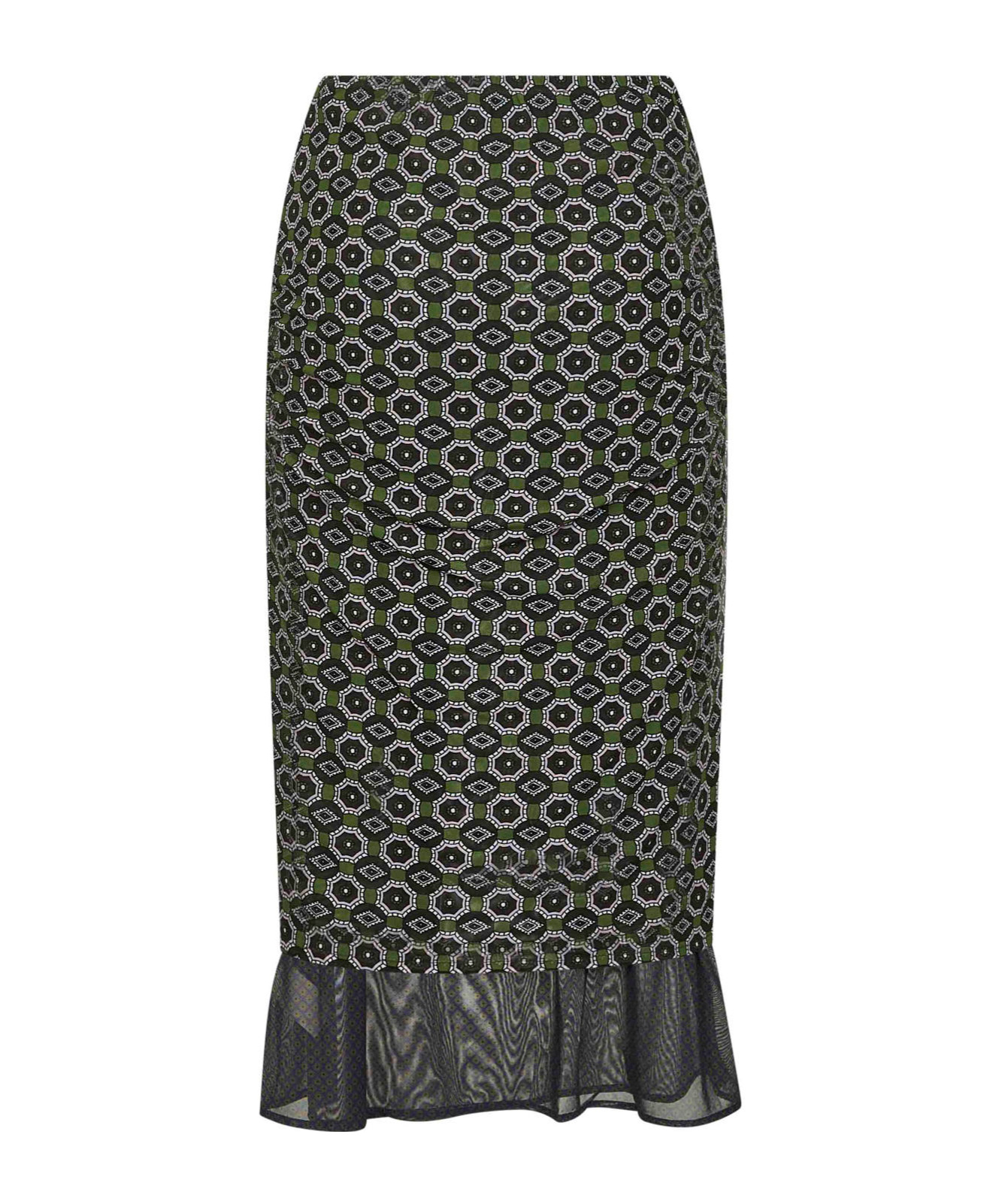 Dries Van Noten Women Green Printed Mesh Layered Midi Skirt In Black