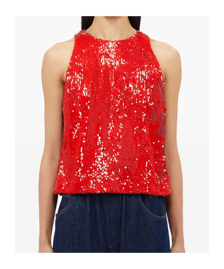 Msgm Cardinal Red Sequin-embellished Sleeveless Top In Red