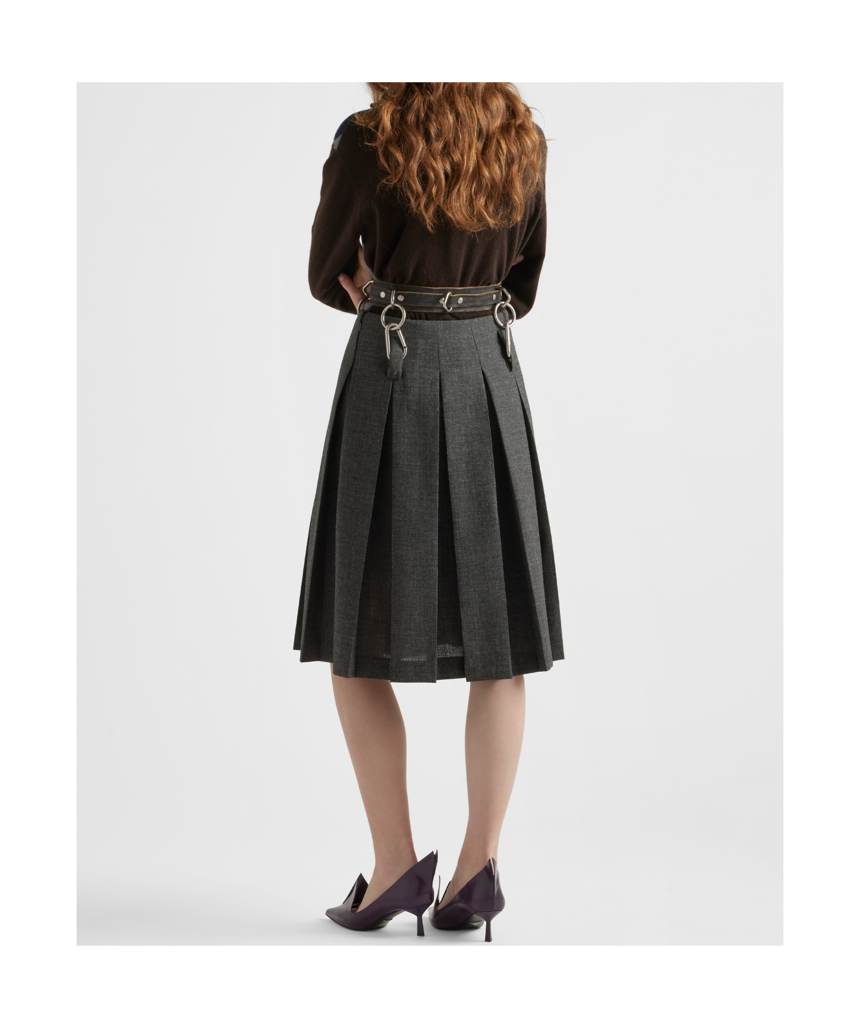 Prada Suspended Leather Belt Pleated Wool Skirt In Limestone Ash