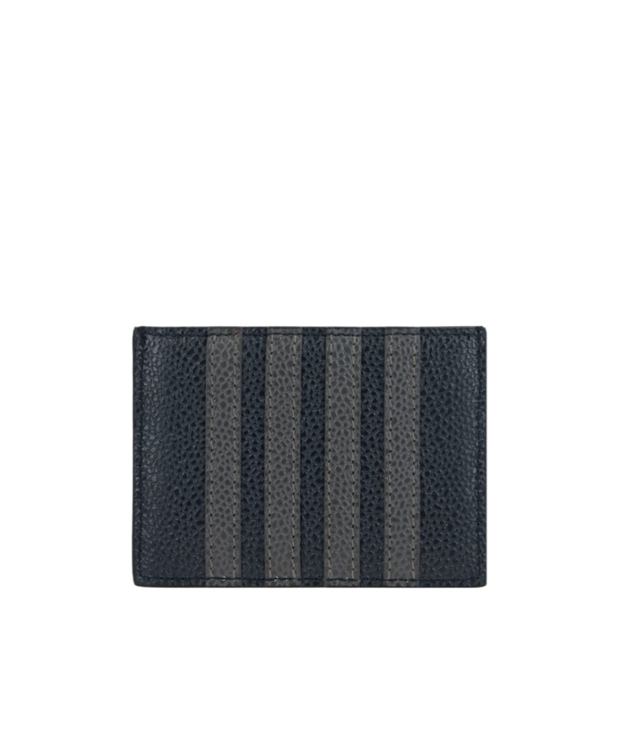 Shop Thom Browne Single Card Holder W/ 4 Bar Applique Stripe In Pebble Grain Leather In Black
