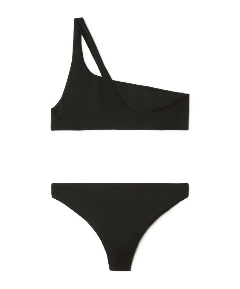 Off-white One Shoulder Bikini Set With Embrodery In Black