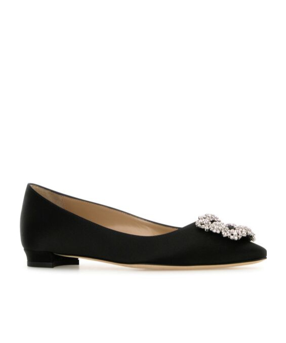 Manolo Blahnik Hangisi Fmc Crystal Buckle Satin Flats In Black