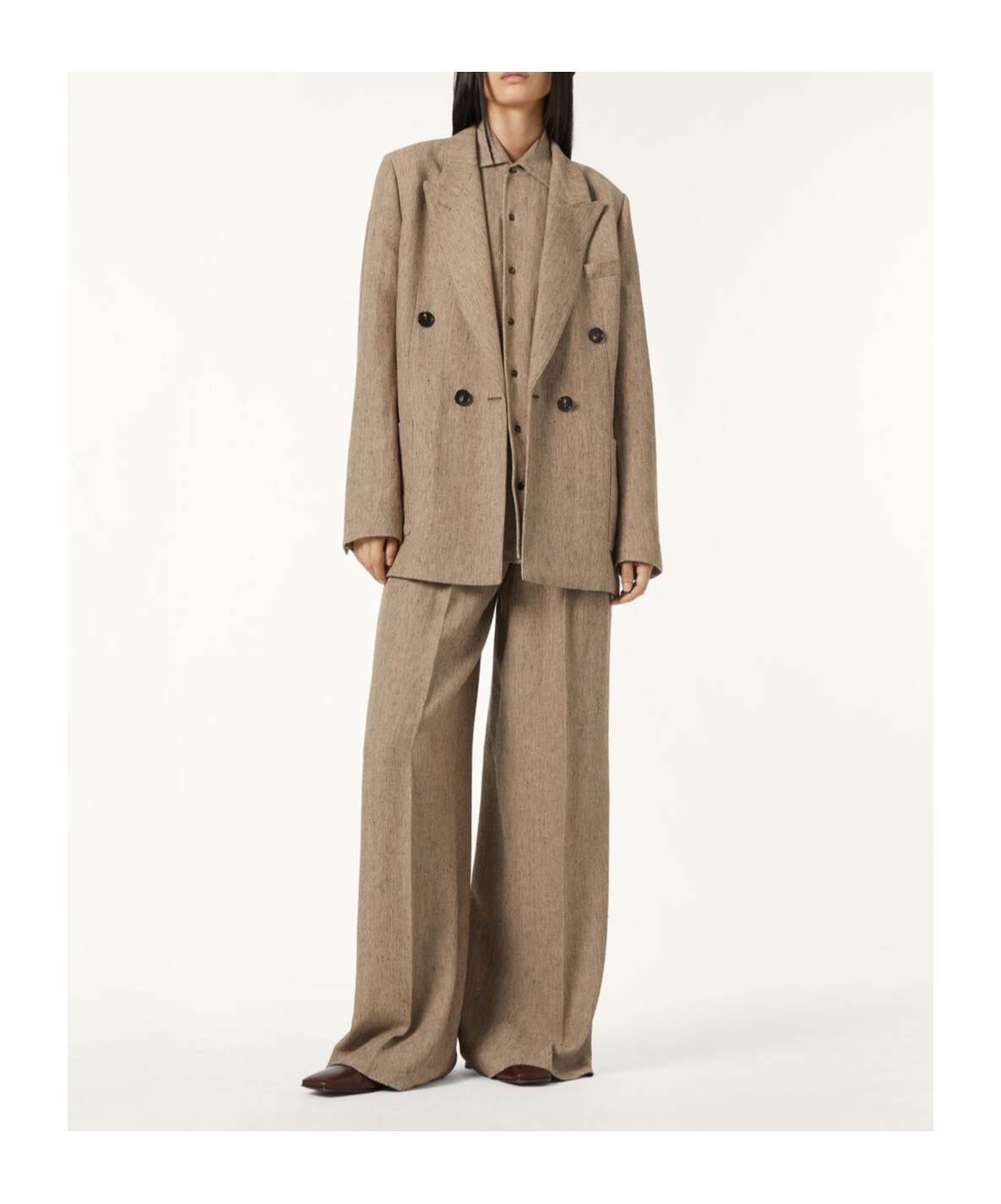 Loro Piana Genny Double-breasted Herringbone Linen Blazer In Brown Chevron
