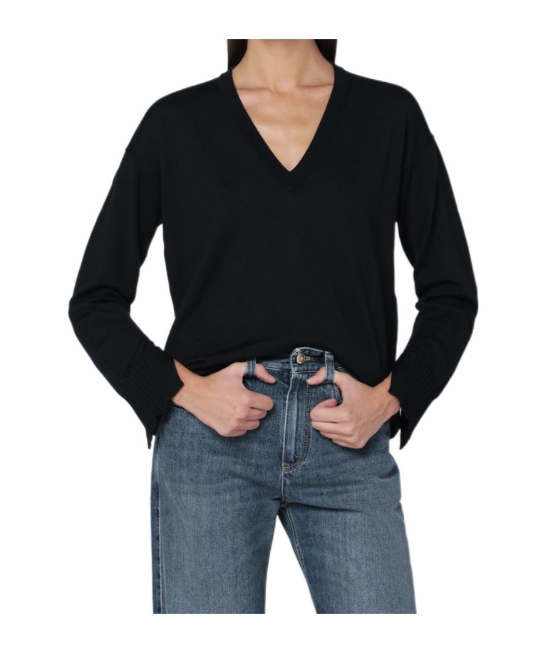 Roberto Collina Wool V-neck Sweater Long Sleeves In Black