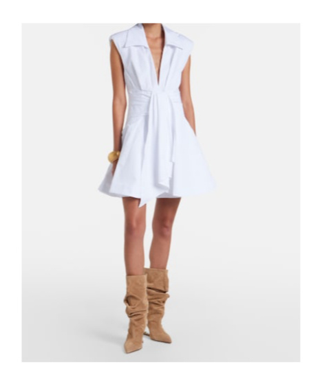 Balmain Belted Pleated Cotton-poplin Mini Dress In White