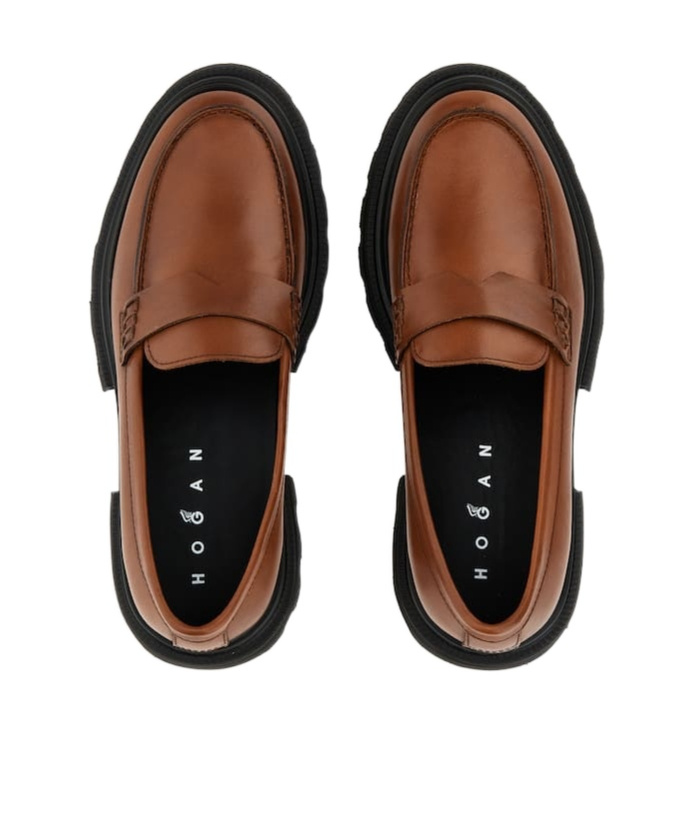 Hogan Round Toe Brown Leather Moccasin With Soft Insole And Eva Sole In Brown