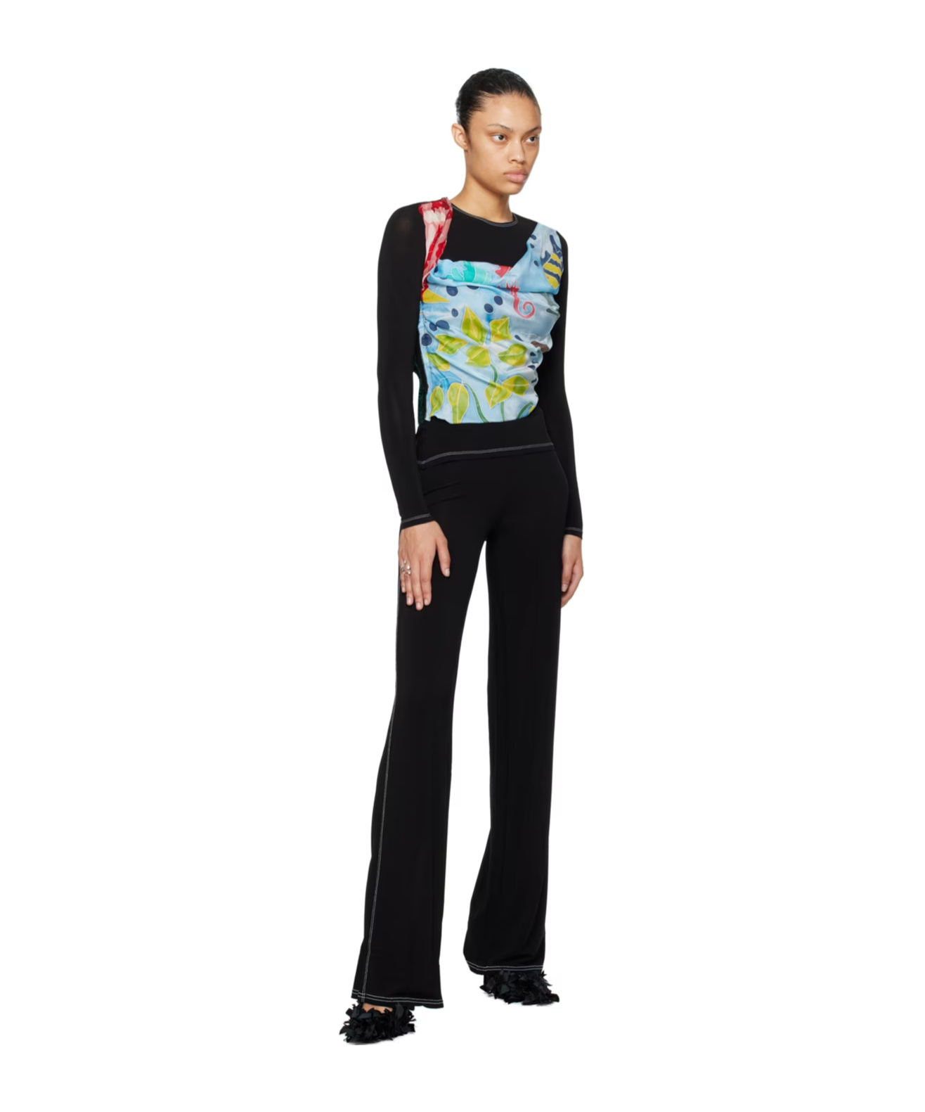 Marine Serre Round Collar And Long-sleeved T-shirt In Black