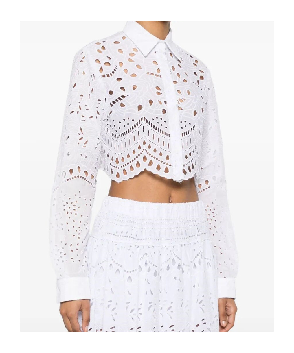 Ermanno Scervino Lace Long-sleeve Cropped Shirt With Scalloped Hem In Bright White