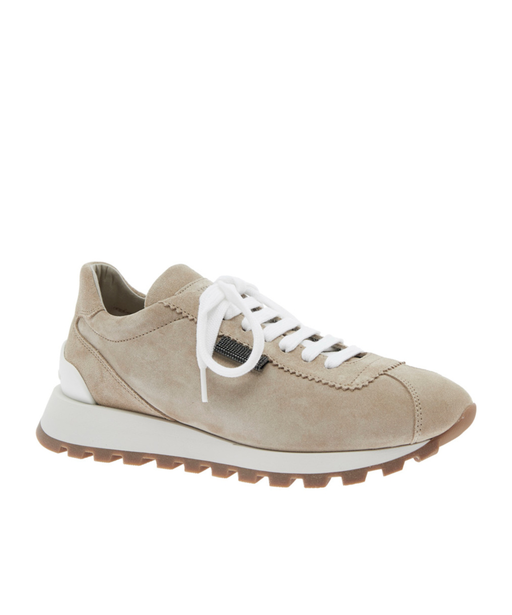 Brunello Cucinelli Beige Low Top Sneakers With Monil Detail On The Side And Embossed Logo Lettering On The Rear In Leat