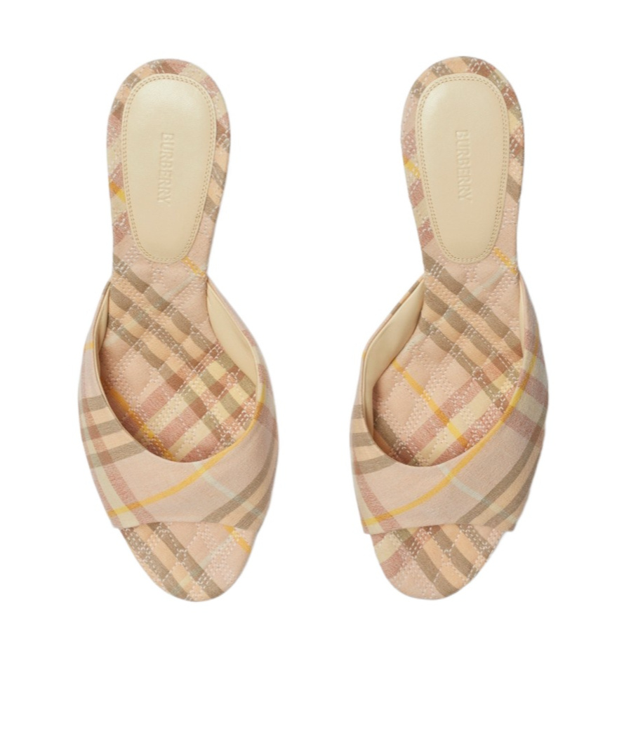 Burberry Beige Check Linen Mule Sandals With 6.5 Cm Heel Lf Mews 65 Chk 162393 In Nude