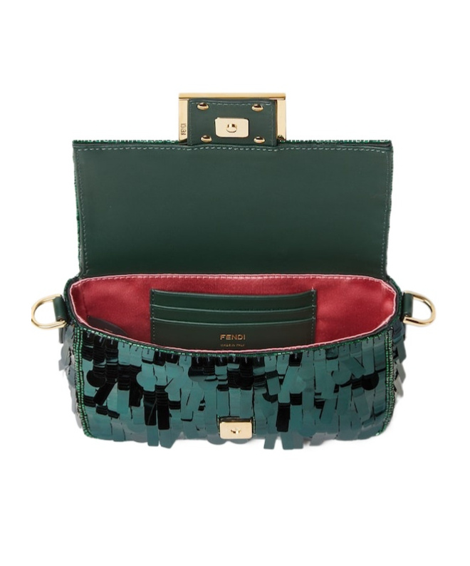 Fendi Mini Baguette Sequined Tote Bag In Green