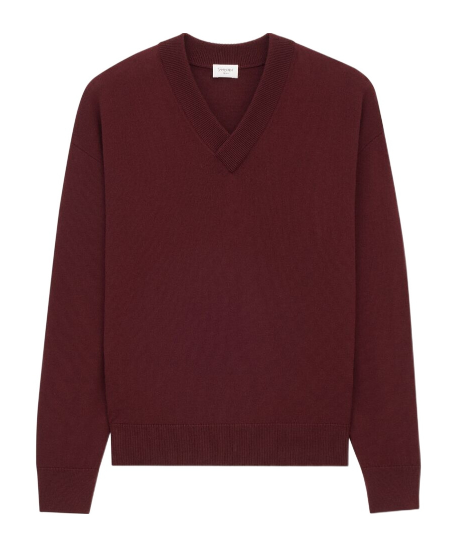 Saint Laurent V-neck Wool Sweater With Ribbed Cuffs And Hem In Burgundy